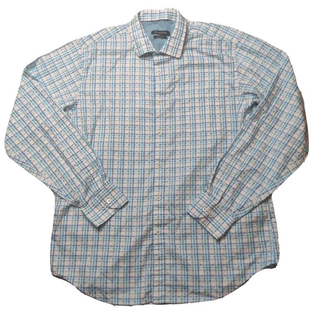 BUGATCHI CLASSIC FIT Men Large Blue Geo Check Button-Up Long Sleeve Shirt